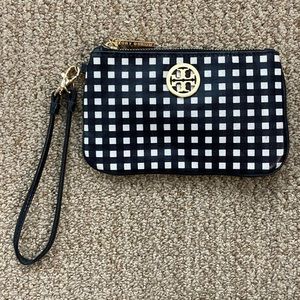 Tory Burch Navy/White Gingham Wristlet w/ Gold Hardware